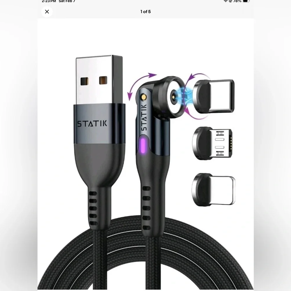 Statik 360 Universal Magnetic Charging Cable w/ 3 Magnetic Tips | 6 FT Cable NEW